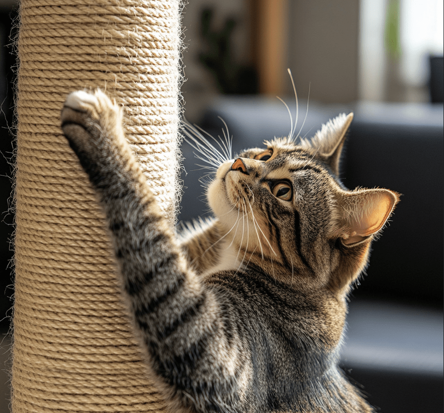 A close-up of a cat scratching a post while leaving visible scent marks on it.
