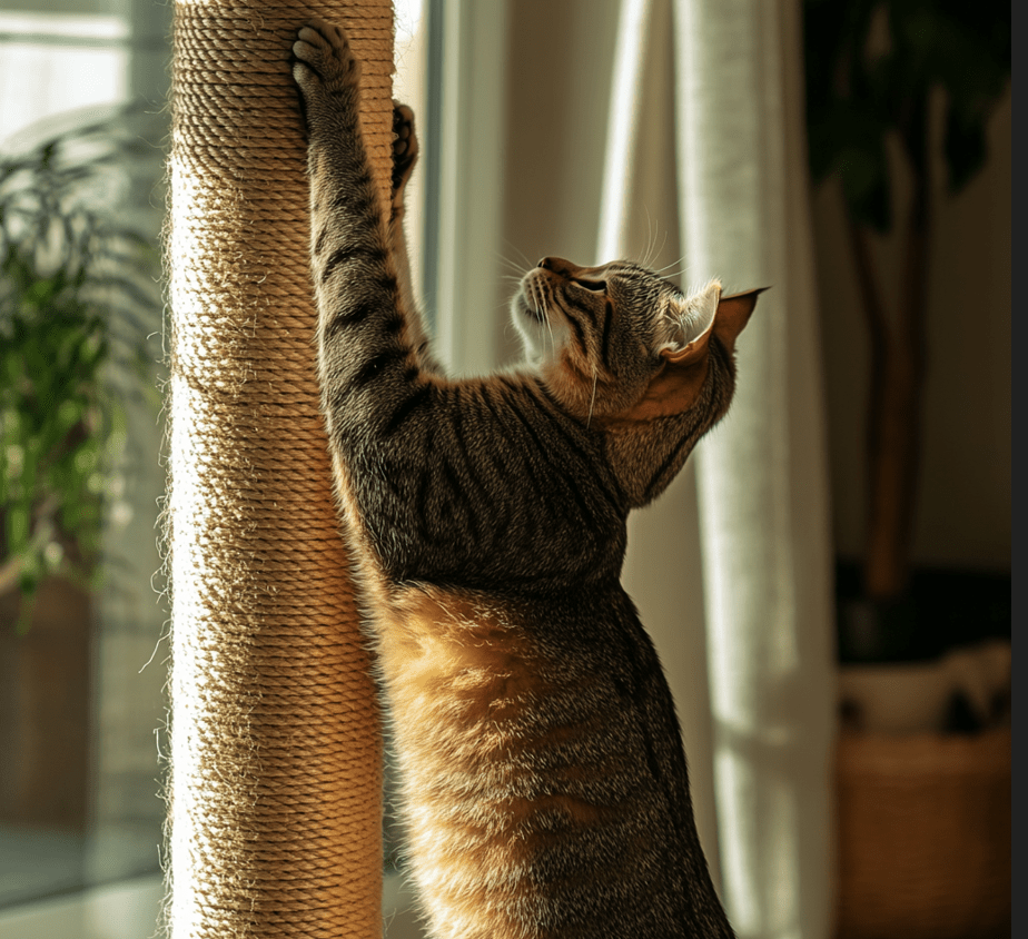 A cat stretching on a scratching post, showing its muscles and extending its body at different angles.