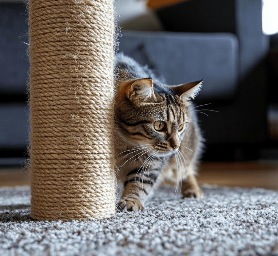 A scratching post placed directly on a spot where the cat previously scratched a carpet.
