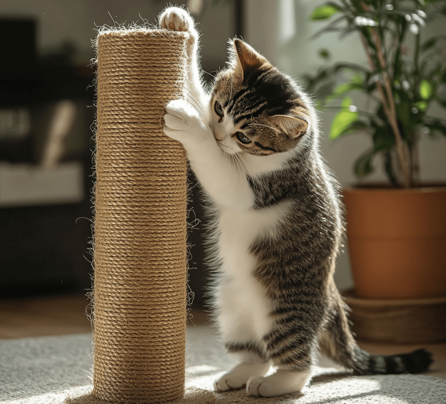 A cat interacting with a scratching post sprinkled with catnip.
