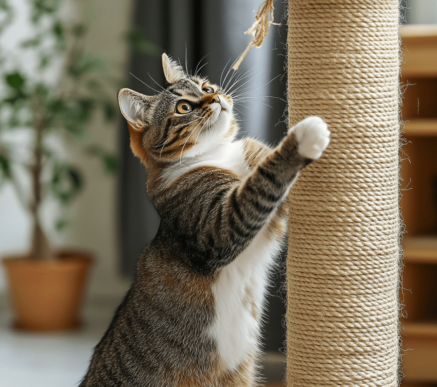 A cat playing with a wand toy placed near or on the scratching post.
