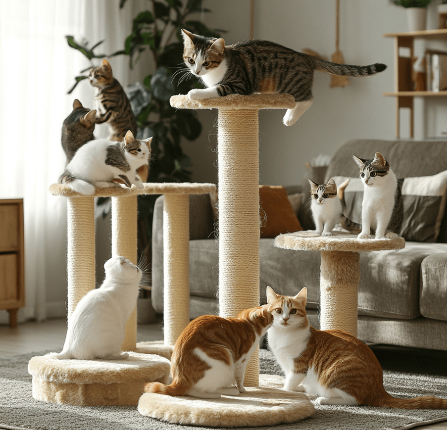 Two or more cats interacting and playing together around multiple scratching posts.
