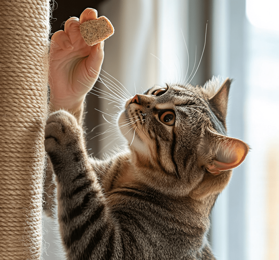 A cat being rewarded with treats near a scratching post.
