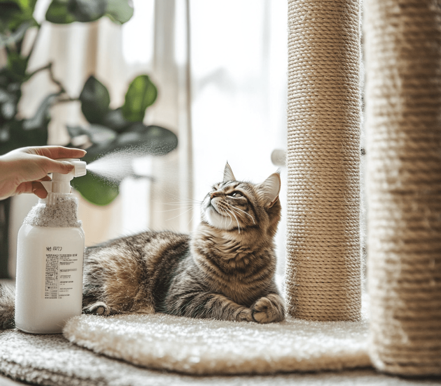 An owner spraying Feliway on a scratching post with a calm and content cat nearby.
