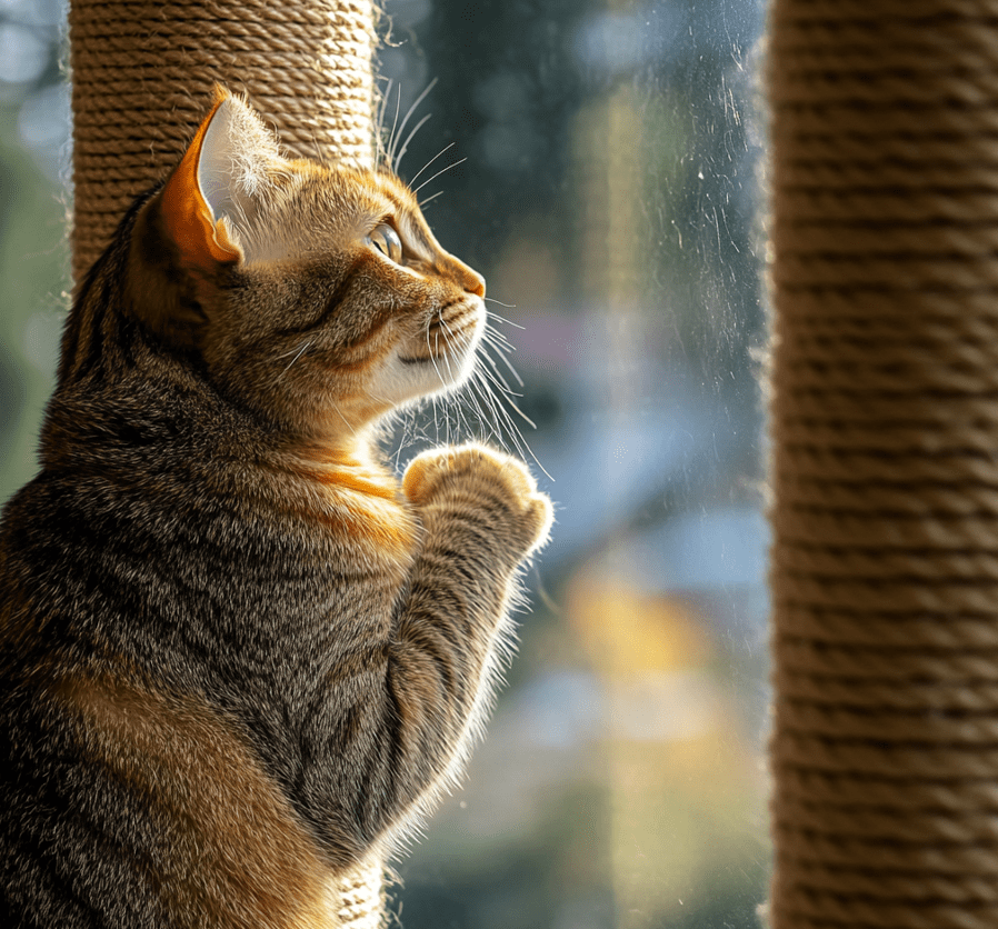 A scratching post placed near a window with a cat scratching while observing birds outside.
