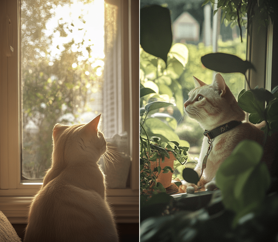 A visual comparison of an indoor cat looking out the window and the same cat outside on a leash, enjoying freedom in a safe manner. 