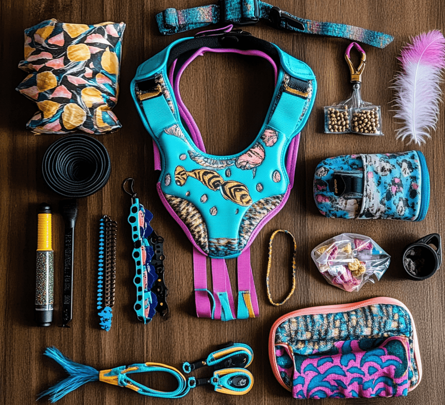  A flat lay of essential cat walking supplies, including a harness, leash, treats, and a toy, neatly arranged on a wooden or carpeted surface.
