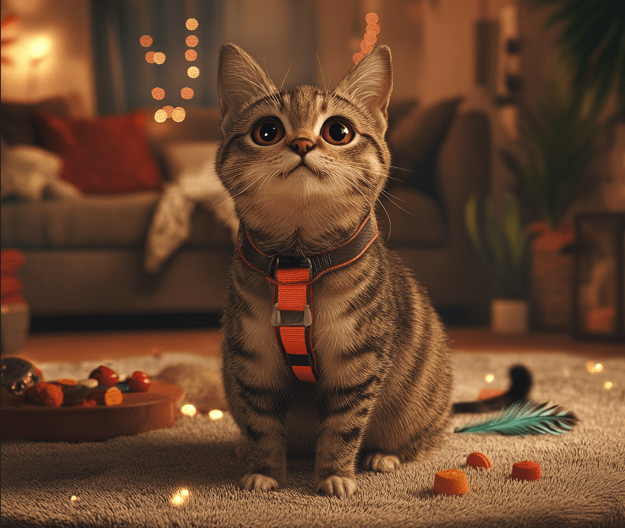 A cat indoors wearing a harness for the first time, looking curious but relaxed. The setting is a cozy living room with toys and treats visible in the background. 