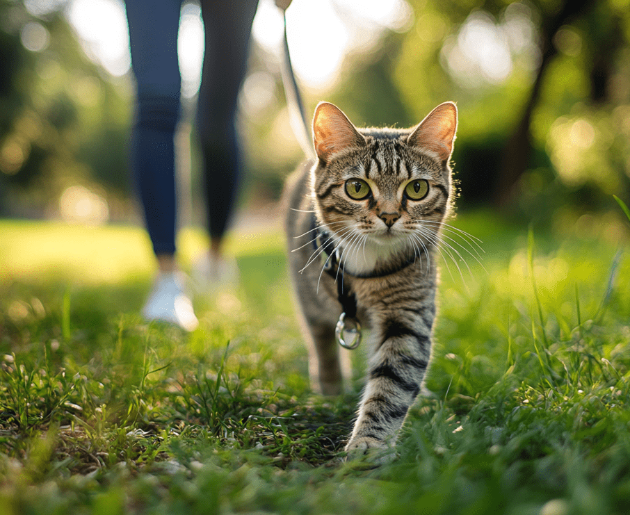 A cat confidently walking on a leash in a quiet park or nature trail, with the owner gently holding the leash in the background. 