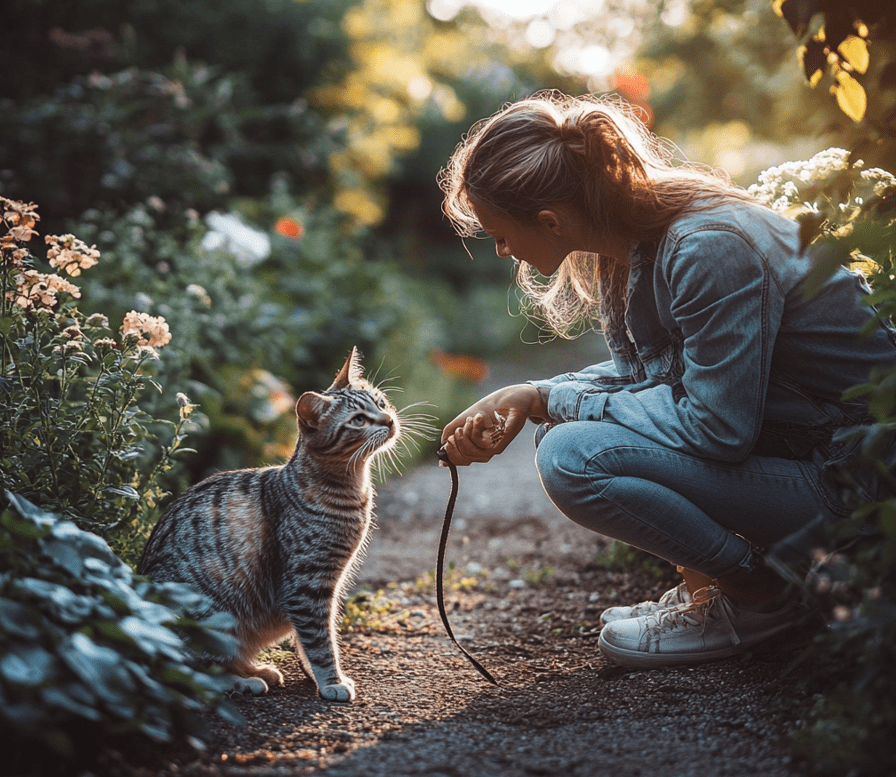 A cheerful moment with a cat and its owner outdoors during a walk, emphasizing bonding. The owner is crouched, petting the cat while holding the leash.
