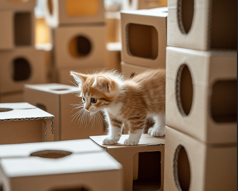 A kitten navigating through a DIY maze made of cardboard boxes with small doorways and obstacles, a treat visible in one of the boxes.
