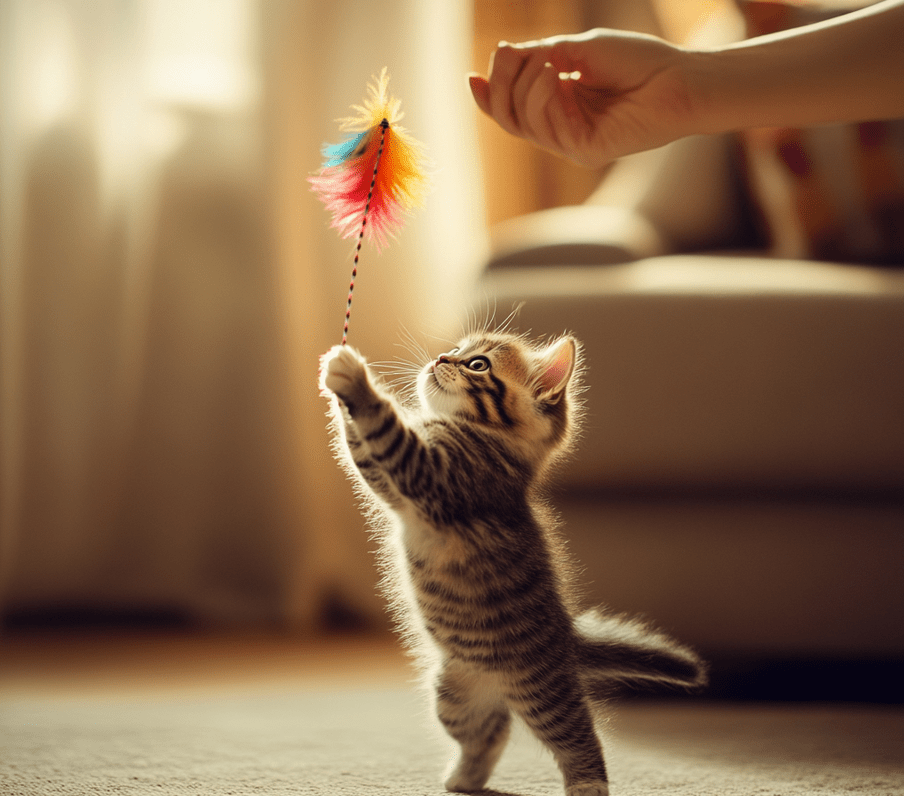 A kitten leaping into the air to catch a feather toy attached to a string held by a hand. The scene shows dynamic movement with the kitten’s fur fluffed mid-jump.
