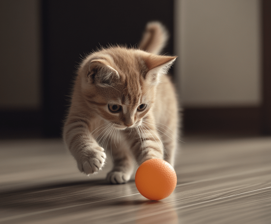 A kitten chasing a brightly colored ping pong ball across a clean floor, its paws stretched forward in motion.
