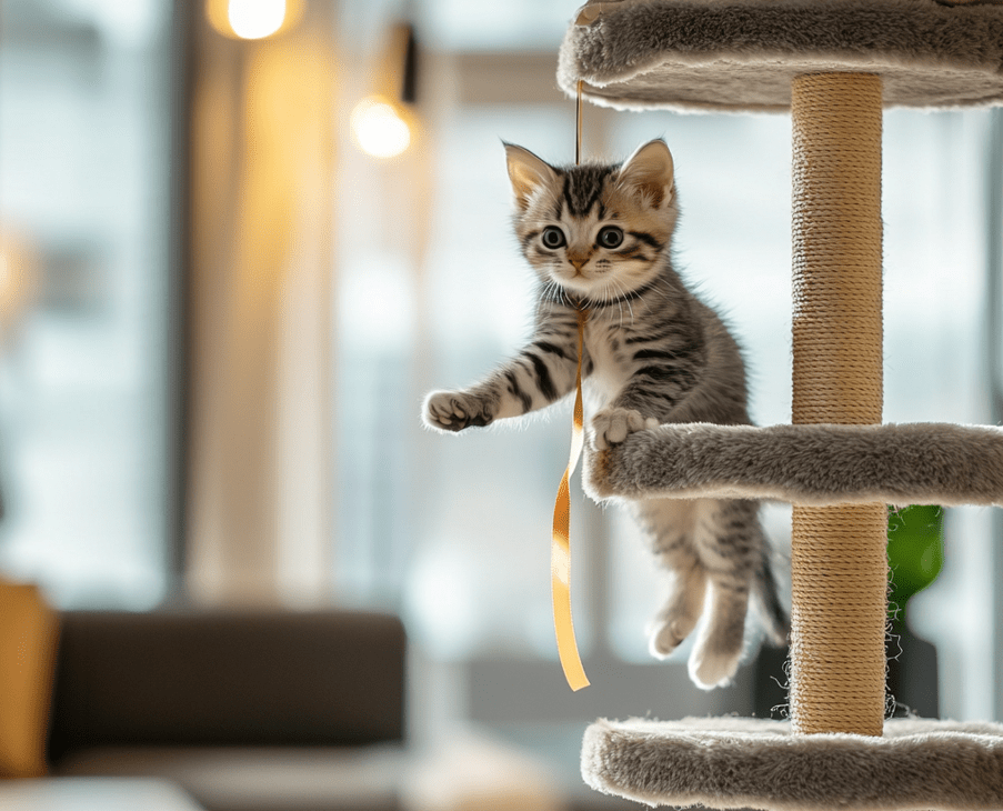 A kitten climbing up a tiered indoor play structure made of shelves, with a ribbon dangling from the top. The scene includes elements like scratching pads and a cozy bed.
