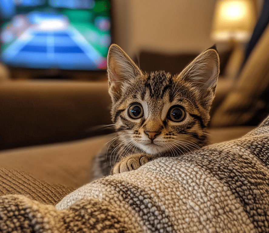 A kitten sitting on a sofa, intently watching a TV screen displaying a lively tennis match. The kitten’s ears are perked up, and its body is slightly leaning forward in focus.
