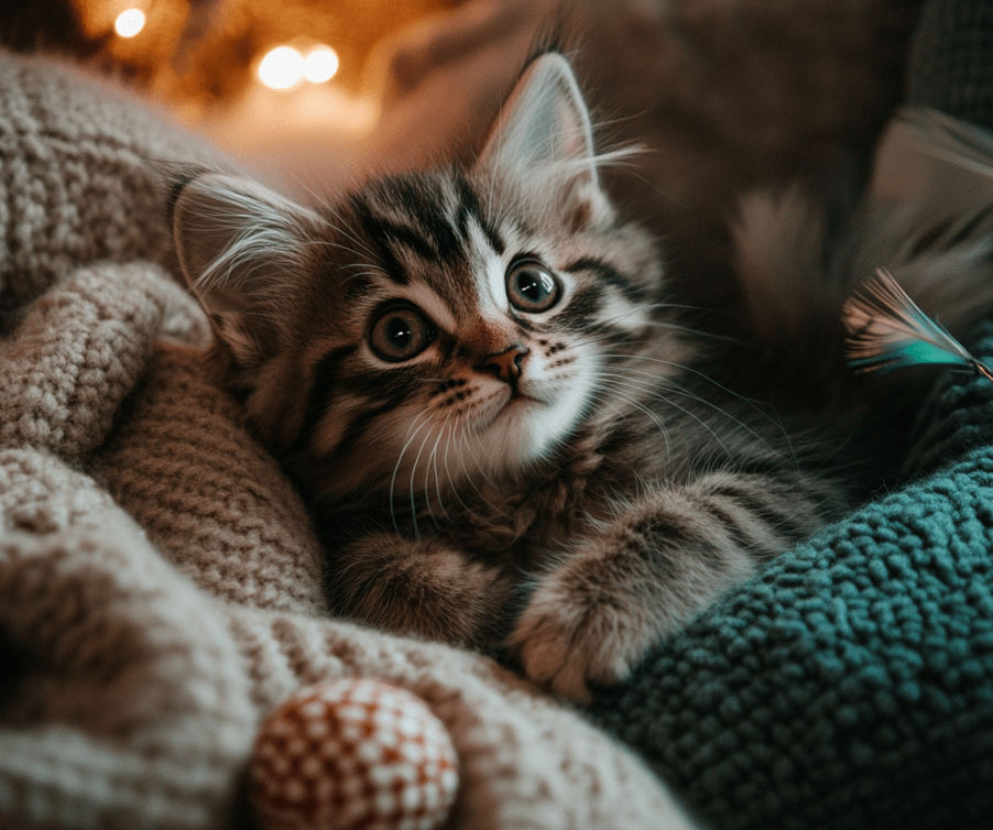 A happy, relaxed kitten lying on a soft cushion with a few toys scattered around, looking content after a play session.
