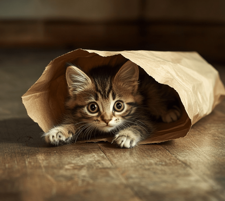 A curious kitten half inside a brown paper bag, with its tail sticking out and paw playfully batting at the bag's edge.
