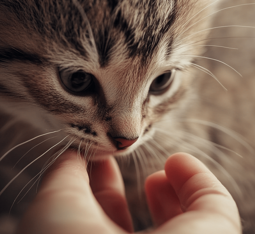 A close-up of a kitten sniffing a human's hand, showcasing the kitten's curiosity and the importance of scent in trust-building.
