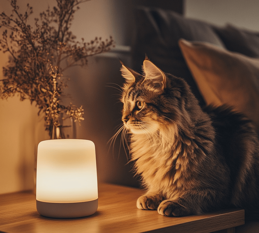  A peaceful indoor environment featuring a cat near a pheromone diffuser. The diffuser emits a subtle glow, and the cat appears relaxed and calm.
