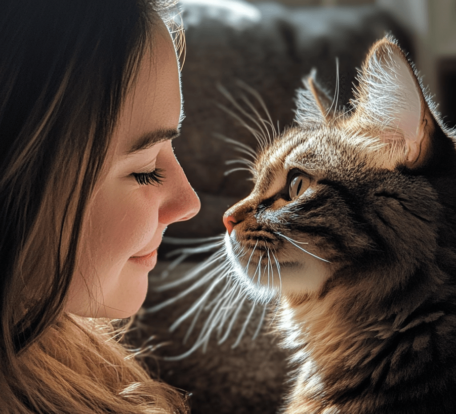 A human gently sitting near a cat, both making eye contact, with the human performing a slow blink. The scene should emphasize non-verbal communication.