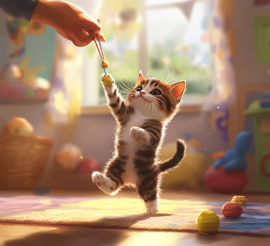 A human playing with a kitten using a wand toy in a colorful, engaging space. The kitten is mid-leap, fully engaged in the play.
