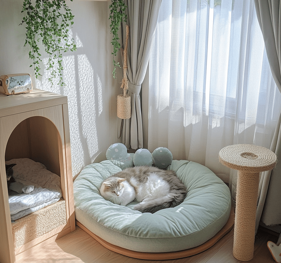 A dedicated corner for a cat with a soft bed, scratching post, and hiding spots, exuding safety and comfort.
