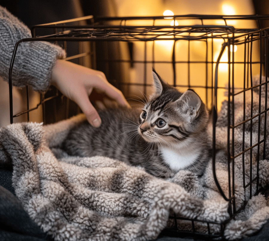 An image of a human interacting gently with a kitten, showing a slow, soft touch.
