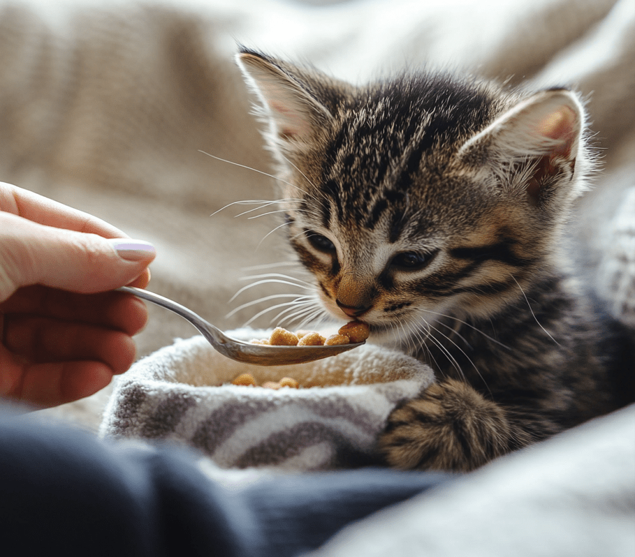 Alternatively, show a kitten sitting near a food bowl, with a person sitting nearby, reinforcing the bonding experience. 