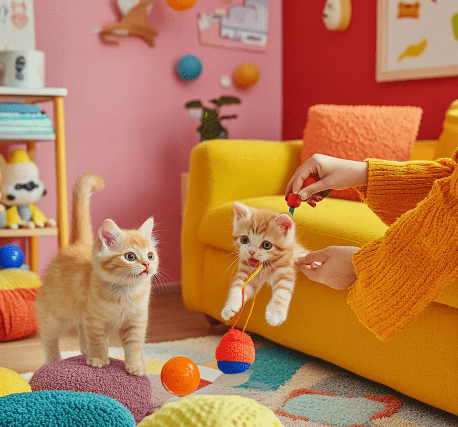 Alternatively, show kittens playing together with a variety of toys, interacting happily.
