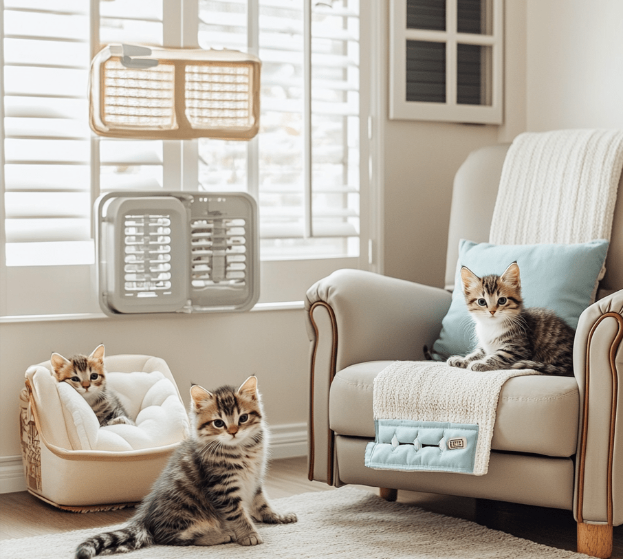 Show a recliner chair in a living room with safety measures preventing kittens from crawling inside. 