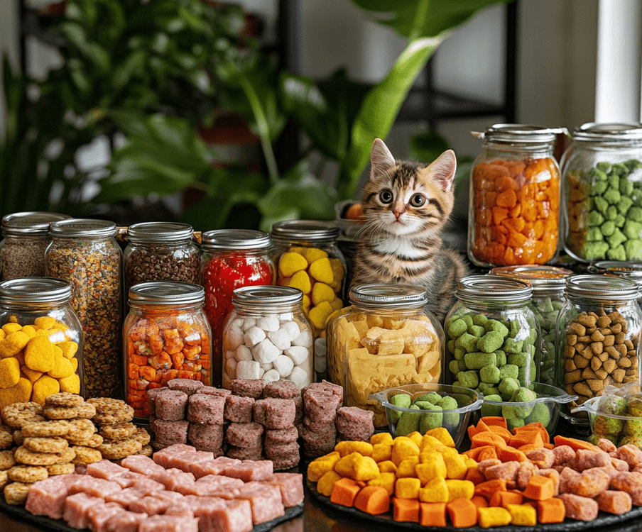  A variety of kitten treats (commercial cat treats, meat bits, baby food jars) arranged neatly on a table. 