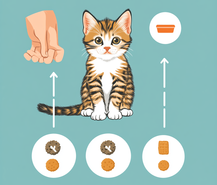 A step-by-step visual showing the interaction between the clicker, the treat, and the kitten's response 