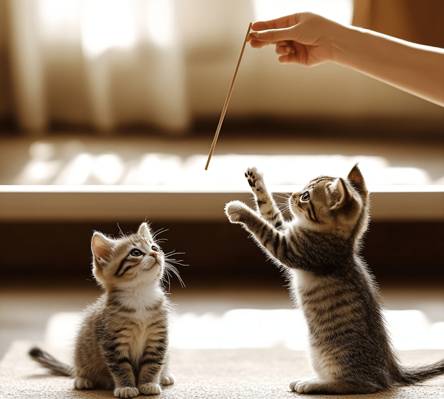  A playful photo of a kitten touching a target stick and another image of a kitten following an owner’s hand gesture during a training session. 