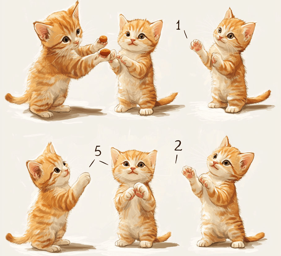  A visual step-by-step guide showing how a kitten is trained to sit by following a treat's movement. 