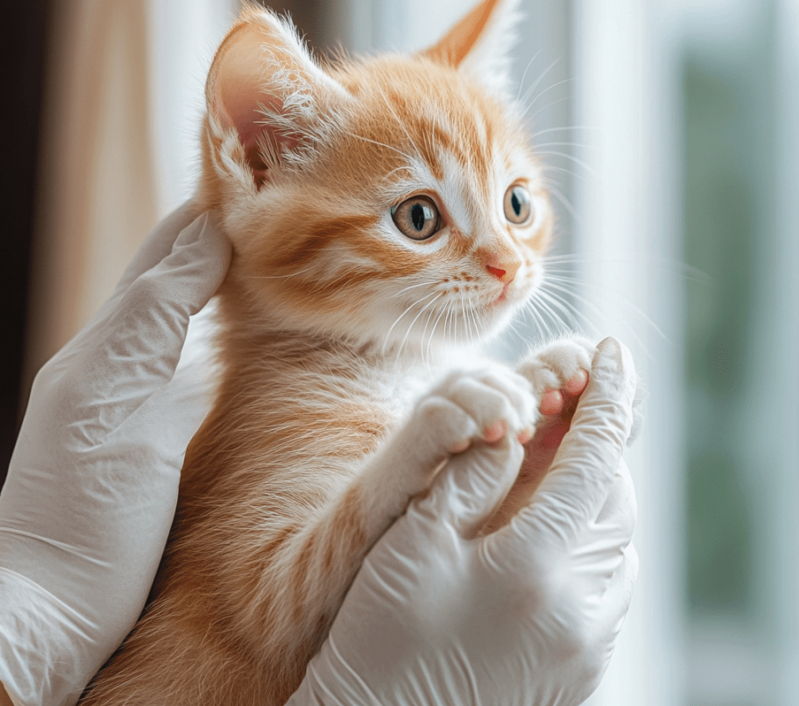 A kitten trainer using protective gloves while carefully interacting with a skittish kitten. 