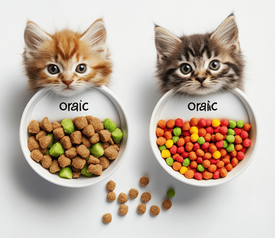 A comparison graphic showing two bowls of kitten food: one labeled "Organic" with vibrant, natural-looking ingredients like chicken and vegetables, and the other labeled "Non-Organic," with artificial-looking, colorful pellets.
