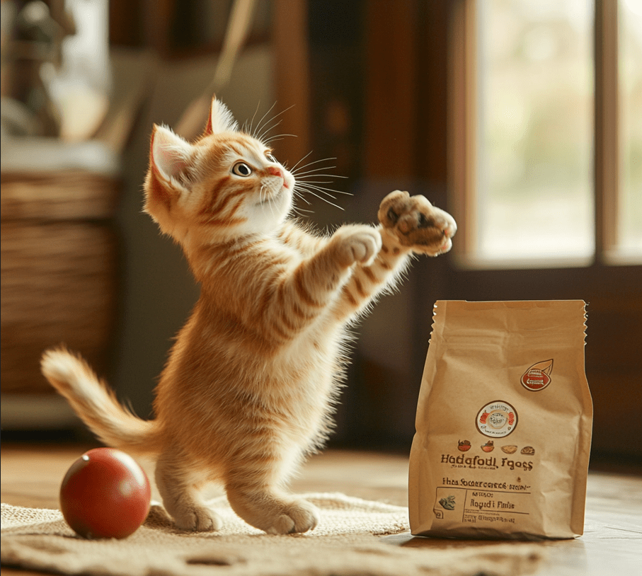 A happy kitten playing with a toy next to an open bag of organic cat food. The packaging should have phrases like "Organic Certified" and "High-Quality Protein."
