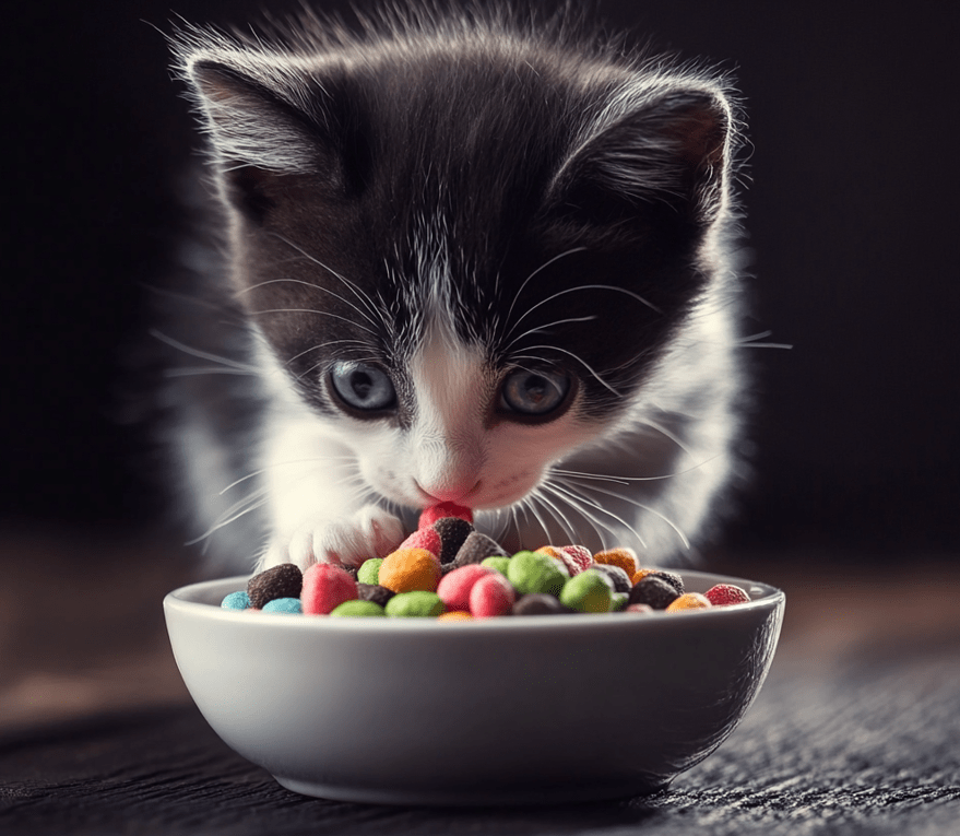 A worried-looking kitten sniffing a bowl of colorful, artificial-looking kibble. The scene is slightly dimmer, with a focus on the unappealing food.
