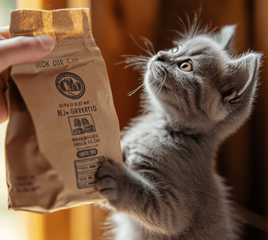 A hand holding a food bag with clear organic certification labels like "USDA Organic" and "Non-GMO Project Verified." A kitten eagerly looks up at the bag.
