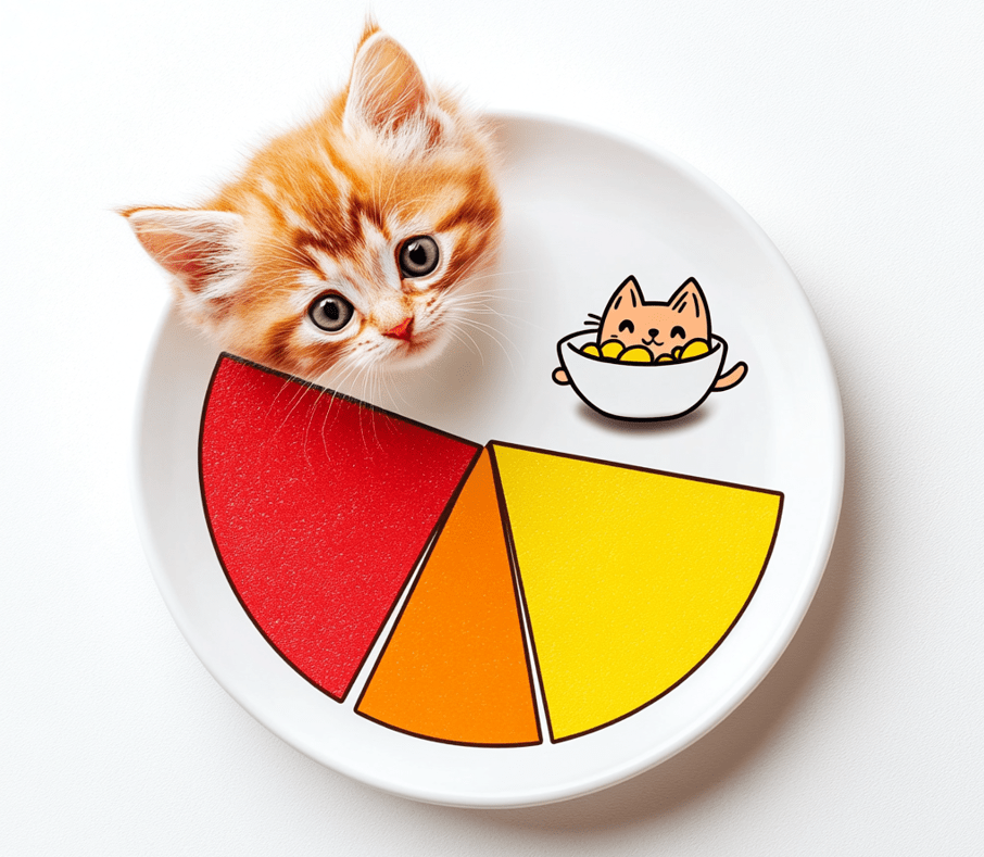 A pie chart illustrating the nutritional balance in a kitten's organic diet, with sections for proteins, fats, and vitamins/minerals. Include an icon of a kitten happily eating in one corner.
