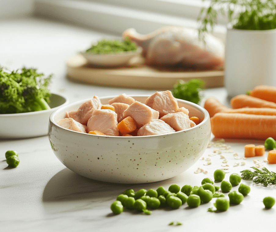 A top-down view of premium kitten food in a clean, modern bowl, accompanied by fresh vegetables and proteins like chicken or fish on the side.
