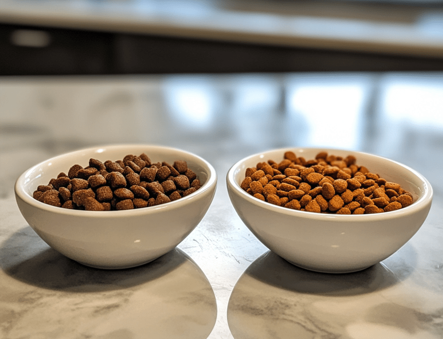 A visual representation of a transition from one type of kitten food to another, showing both old and new food side by side. 