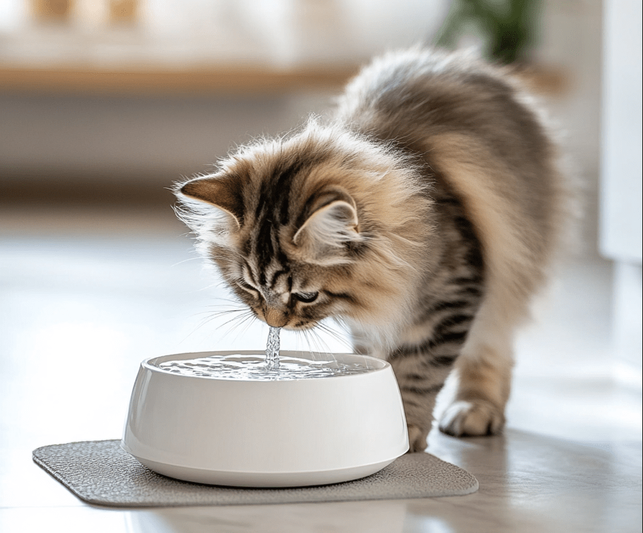 A kitten drinking from a sleek water fountain designed for pets.
