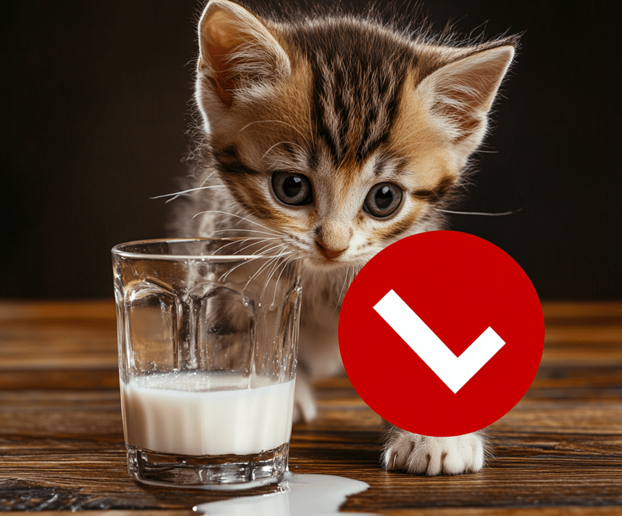 A warning-style image of a kitten looking curiously at a spilled glass of milk with a bold "No" symbol over it.