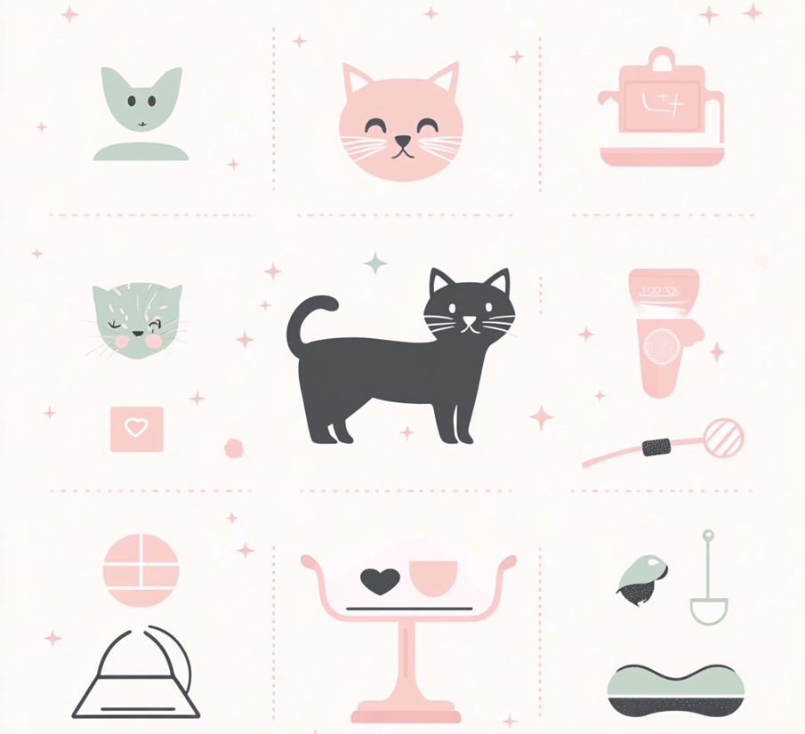 A diagram-like representation of common health issues such as dental problems, hairballs, and obesity in kittens. 