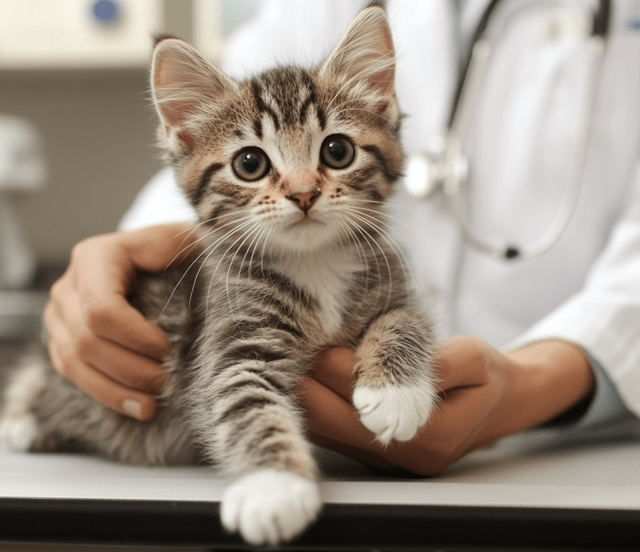 A veterinarian gently examining a happy kitten on a consultation table.
