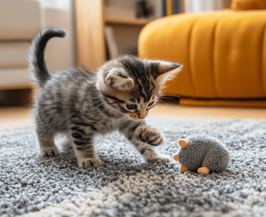 A healthy, energetic kitten playing with a toy in a cheerful home environment.