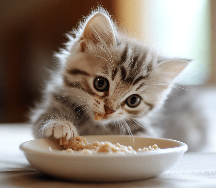 A curious kitten exploring a shallow bowl of mushy food, indicating its transition from milk to solid food.
