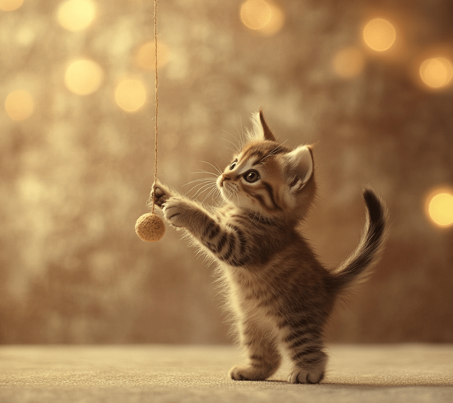 A kitten at about 4 weeks old, standing with its tail held high and showing signs of readiness, such as exploring its surroundings or interacting with a toy.
