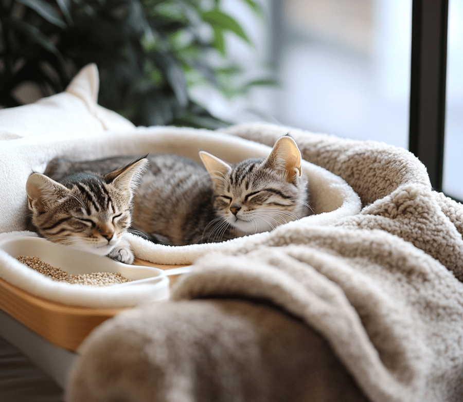 A separated space showing a kitten on one side and the mother cat resting on the other, both in comfortable and clean environments.
